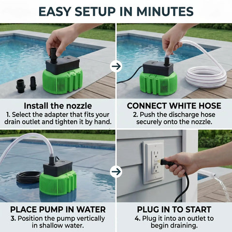 Easy setup of Above Ground Pool Cover Drain Pump 850 GPH Submersible with 16 ft hose and 25 ft cord for quick water removal