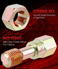 Pro Grade Thread Repair Kit showing external hex design and deep flutes, suitable for home or garage use; cleans and restores threads.