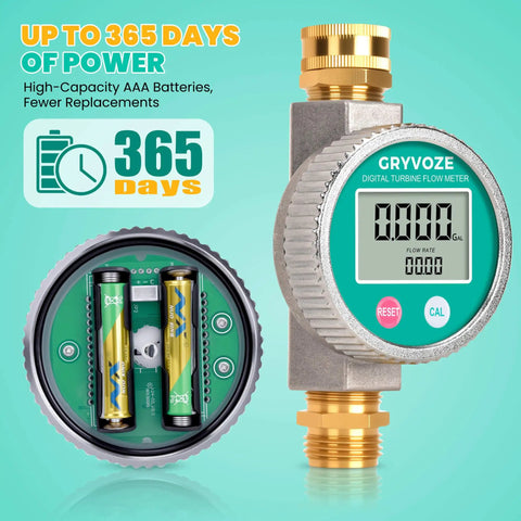 Metal Water Flow Meter Three Quarters Inch GHT Garden Hose Thread Brass Fittings With Large Screen showing battery compartment