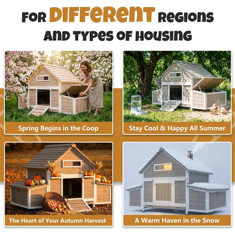 Four seasons display of Cozy Predator Proof Chicken Coop For 2 To 4 Chickens with varied decor and surroundings.