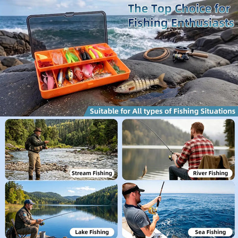 Image of All In One Fishing Kit With Tackle Box 193 Piece Set including baits and hooks on rocks, with images of stream, river, lake, and sea fishing.