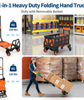 2-In-1 Folding Hand Truck Dolly With 330 Lb Capacity, Convert From Two-Wheel Dolly To Four-Wheel Flatbed Cart In Seconds, Heavy-Duty Steel Frame, Folds Flat For Easy Storage And Fast Jobsite Hauls, with removable basket