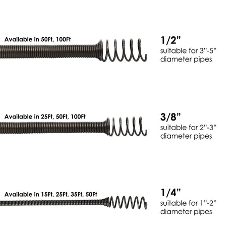 Diameter options for Easy Twist Drain Auger For Clogs Flexible 50 Ft Cable Half Inch Diameter Plumbing Tool Kit