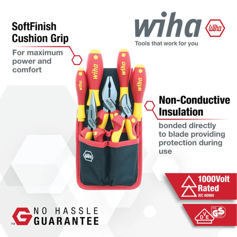 7 Piece Insulated Industrial Pliers And Screwdriver Set with Pro Grade Torque Handles and storage case display.