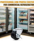 Heavy Duty Two Inch Low Profile Refrigerator Caster Wheels Set Of Eight With Half Inch Thirteen Stems Plus Lock And Roll Swivel Combo For Commercial Fridges displayed with background of commercial refrigerators.