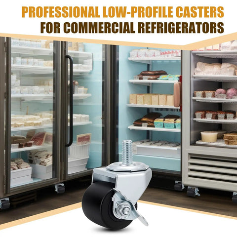 Heavy Duty Two Inch Low Profile Refrigerator Caster Wheels Set Of Eight With Half Inch Thirteen Stems Plus Lock And Roll Swivel Combo For Commercial Fridges displayed with background of commercial refrigerators.