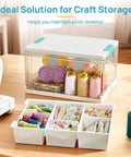 24 Qt Plastic Storage Box With Building Baseplate Lid And Removable Tray All In One Craft Organizer For Art Supplies Beads Sewing And Small Projects At Home Or In The Studio on desk filled with sewing supplies.