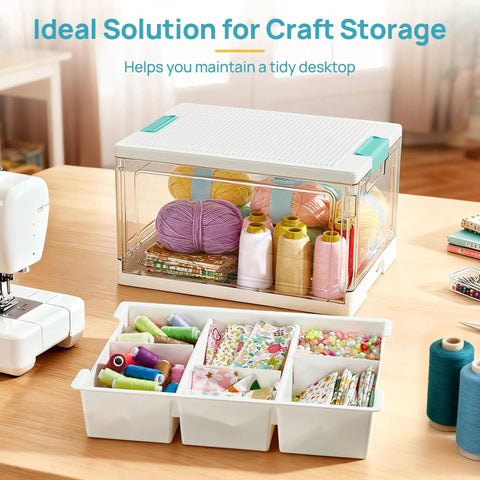 24 Qt Plastic Storage Box With Building Baseplate Lid And Removable Tray All In One Craft Organizer For Art Supplies Beads Sewing And Small Projects At Home Or In The Studio on desk filled with sewing supplies.