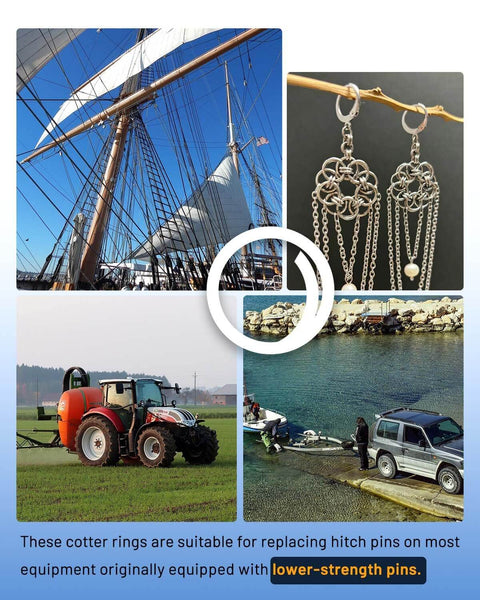 Heavy Duty Cotter Ring Kit With Dual Coil Design, 66 pieces in use on boat, jewelry, tractor, and trailer applications