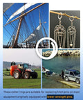 Heavy Duty Stainless Steel Cotter Rings With Dual Coil Design, 115 Pack; images show nautical, agricultural, and automotive uses.