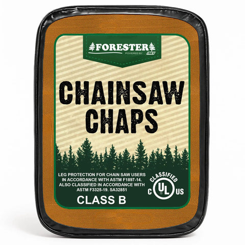 Label of Orange 37 Inch Apron Style Chainsaw Chaps For Men And Women With Pocket And Adjustable Waist, UL Certified, Class B.