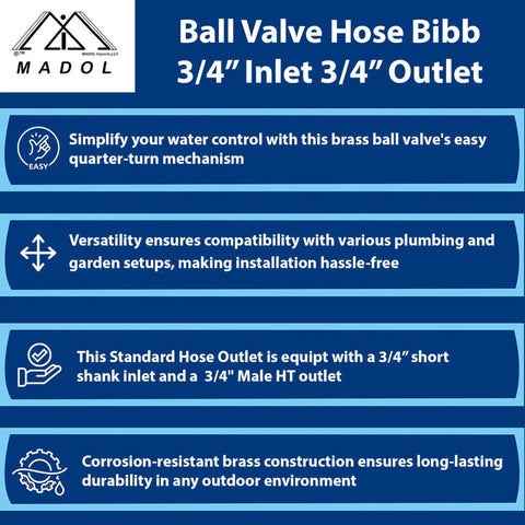 Infographic detailing Brass Ball Valve With Three Quarter Inch NPT Inlet And Three Quarter Inch Hose Outlet For Gardens And Patios