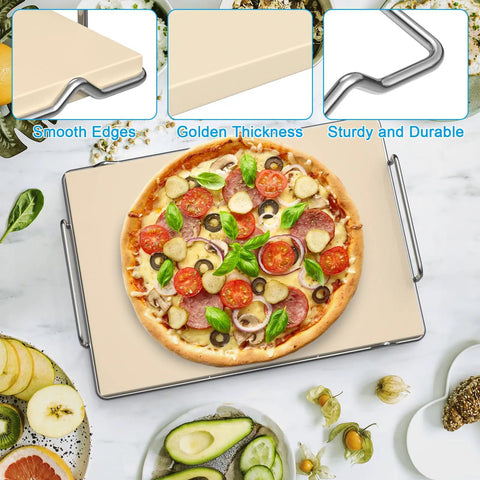 Pizza Stone With Grill Rack For Ninja Woodfire Outdoor Smoker XL OG800 OG900 Series Rectangle Pizza Baking Stone on table with pizza