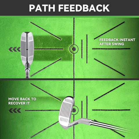 Premium Golf Hitting Mat With Swing Path Feedback showing club path feedback on green velvet surface