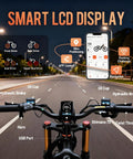 Heavy Duty Full Suspension Electric Bike With Four Thousand Watts Dual Motors And Massive Fifty Two Volt Battery showing smart LCD display and controls.