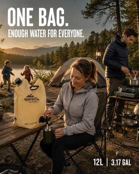 Camping scene with woman using Collapsible Water Container With Spigot 12L Foldable Water Storage Bag, camper in background.
