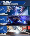 135A 3 In 1 Welder For Home DIY Boss Level 110V Inverter MIG Flux Core Lift TIG And Stick Welding Machine With Synergic Control LED Display 2T 4T Spot Modes Full Kit Includes Solar Helmet And Gloves showing stick, flux core, and lift TIG welding images