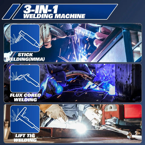 135A 3 In 1 Welder For Home DIY Boss Level 110V Inverter MIG Flux Core Lift TIG And Stick Welding Machine With Synergic Control LED Display 2T 4T Spot Modes Full Kit Includes Solar Helmet And Gloves showing stick, flux core, and lift TIG welding images