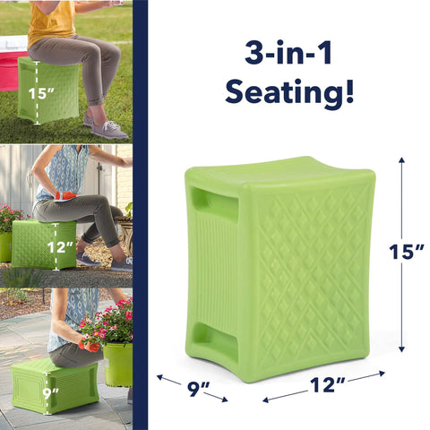 Built Tough 3 Level Work And Garden Seat With Flip Heights At 9, 12 And 15 Inches, One Piece Weatherproof Construction, Green