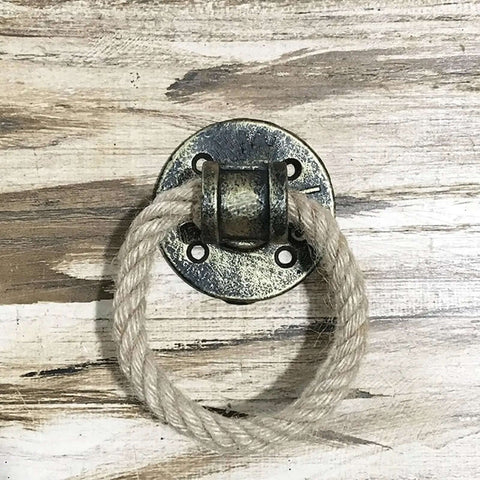Vintage Wrought Iron Flax Rope Cabinet Drawer Pulls Set, Ring Rope Barn Door Handles in Golden Bronze on rustic wood surface