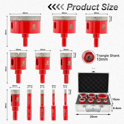 Pro Grade Diamond Core Drill Bit Set With Triangle Shank, 11-Piece Kit, shown with sizes and case for porcelain tile ceramic granite marble