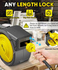 Heavy Duty Retractable Air Hose Reel With Auto Rewind And Full Pivot Swivel Wall Mount For Garage Crew Or DIY Pros Featuring Eighty Foot Three Eighth Inch Hybrid Line With Six Point Five Foot Lead In Tube Handling Three Hundred Psi No Fuss, showcasing concealed handle and adjustable hose stopper.
