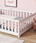 Twin Size Floor Bed With Heavy Duty Plywood Slats And Safe Guardrails Zero Box Spring Hassle Game Changer Sleep Setup Easy Assembly Durable Core Rock Solid Frame For Kids Rooms In Crisp White in a bright, modern nursery.