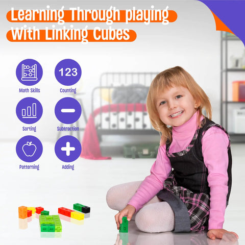 Child playing with 100 Piece Math Linking Cubes Set in 10 bright colors for early math, counting, building, and creativity.