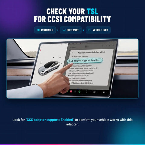 Image of a Tesla vehicle compatibility check screen displaying CCS adapter support for 2 In 1 Ccs1 And J1772 To Tesla Charging Adapter.