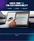 Hand pointing at Tesla screen showing CCS adapter support for Plug And Go Ccs1 To Nacs Adapter For Tesla Model 3 and Model Y.
