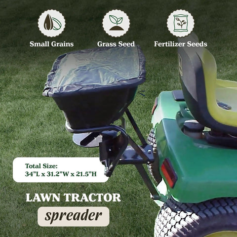 Tow Behind 12V Lawn Tractor Spreader For Grass Seed And Fertilizer With 80 Pound Capacity attached to lawn tractor, side view