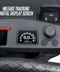 Electric Golf Push Cart With Roomy Seat Featuring Full Directional Remote Nine Speed Levels Mileage Counter Screen and Trueline Tracking digital display showing mileage and speed.