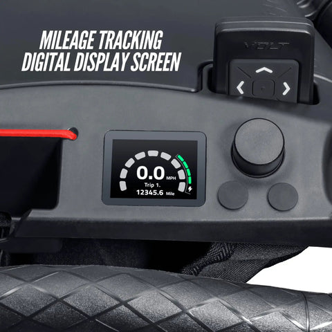 Electric Golf Push Cart With Roomy Seat Featuring Full Directional Remote Nine Speed Levels Mileage Counter Screen and Trueline Tracking digital display showing mileage and speed.