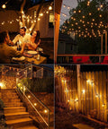 Outdoor String Lights 150ft G40 LED With Remotes illuminating backyard and patio, showing warm 2700K glow, waterproof bulbs