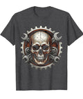 Cool Mechanic Skull T-Shirt With Wrench And Engine Gears Design For Car Guys And Bike Riders. Dark Heather Grey Cotton Tee in X-Large.