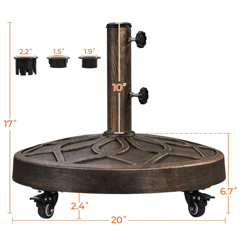 Heavy Duty Round Umbrella Base With Four Lockable Wheels And Two Knobs Antiqued Bronze Outdoor Stand For 20 Inch Market Patio Umbrellas Perfect For Garden Yard Or Patio Keeps Your Umbrella Steady And Easy To Move