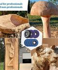 Wood Carving Disc Set Seven Piece Kit For 4 And 4-1/2 Inch Angle Grinders with finished wood carvings in background