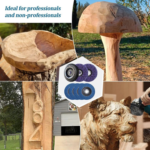 Wood Carving Disc Set Seven Piece Kit For 4 And 4-1/2 Inch Angle Grinders with finished wood carvings in background