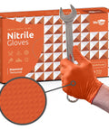 Built Tank Tough Heavy Duty 8 Mil Orange Nitrile Work Gloves Featuring A Diamond Textured Surface For Insane Grip And Maximum Puncture Protection In A Solid 50 Pack Perfect For Mechanics Who Want Real Deal Latex Free Gear Everyday. Hand holding wrench with nitrile gloves and textured surface.