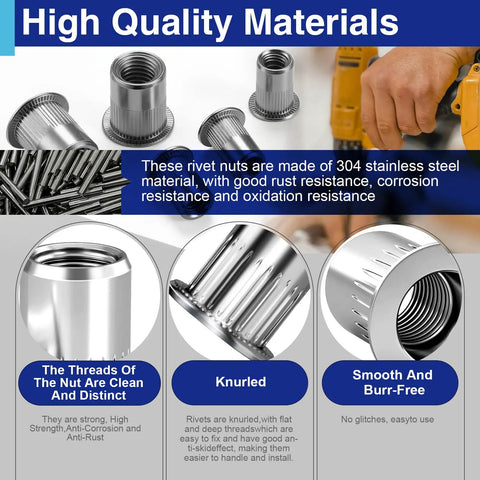 Pro Shop Heavy Duty 1/4-20 304 Stainless Steel Rivet Nuts 20 Pack showing knurled flat heads and smooth finish for auto repair.