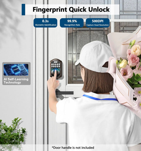 Person using Fingerprint Door Lock With Keyless Entry Electronic Keypad Deadbolt No Fuss Setup Auto Lock 4 Unlock Methods on door