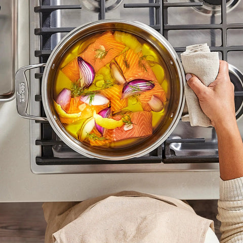 Cooking salmon in the Six-Quart Stainless Steel Multipot With Built-In Straining Lid For No Fuss Cooking on stove