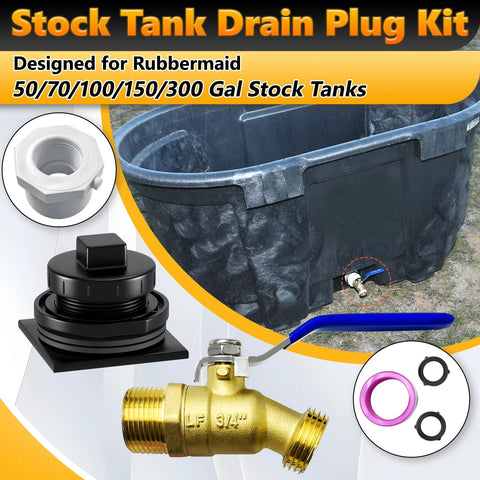 Installed stock tank drain plug kit with brass faucet, pipe reducer, and plastic nut on Rubbermaid 50–300 gal tank