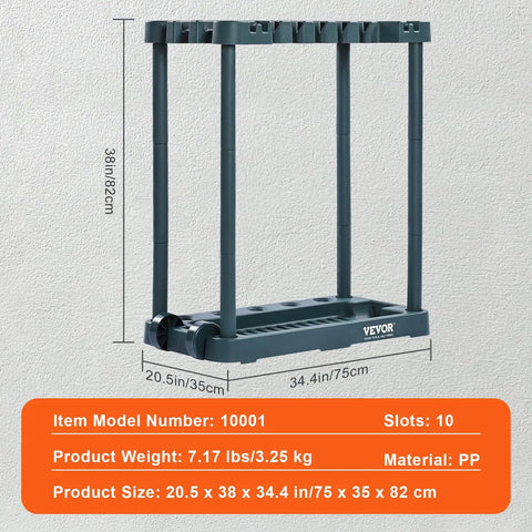 Garden Tool Organizer Tower with Ten Slots for Yard Tools Rake Shovel Broom Long Handled Tools in Garage Shed or Outdoor Storage Durable Stand Holder shown with dimensions and material details.
