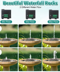Red Moss Resin Granite Bird Bath Fountain With 7W Water Pump Rock Style Yard Decor displayed with varying water flow settings.