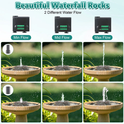 Red Moss Resin Granite Bird Bath Fountain With 7W Water Pump Rock Style Yard Decor displayed with varying water flow settings.