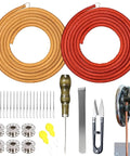 2 Pack Leather Treadle Sewing Machine Belts, 72 Inch Long, Three Sixteenth Inch Wide With Hooks - All-In-One 31-Piece Replacement Kit For Vintage Singer And Jones Machines, Includes Bobbins, Needles, Threaders, Scissors, Hemming Clips. Leather belts and sewing accessories laid out