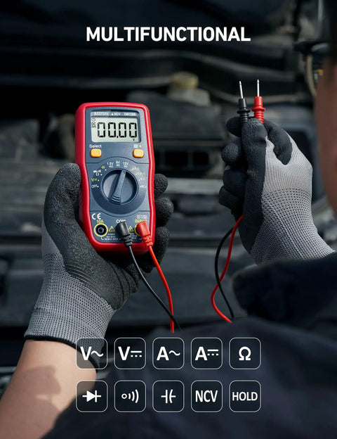 Person using All In One Digital Multimeter For DIYers With Auto Ranging Voltmeter Ohmmeter NCV Safe Tester And Battery Checker in garage