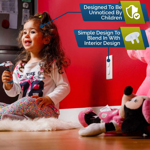 Child playing near 32 Pack Outlet Covers For Baby Proofing Easy Install Socket Protectors White To Prevent Electrocution And Keep Toddlers Safe In Home And Office Perfect For Nursery And Kid Friendly Rooms With No Tool Quick Setup
