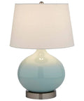 Ceramic Round Table Lamp Cyan Blue With White Linen Fabric Shade Includes Light Bulb 11 X 11 X 20 Inches Modern Classic Cozy Vibe Accent Lighting